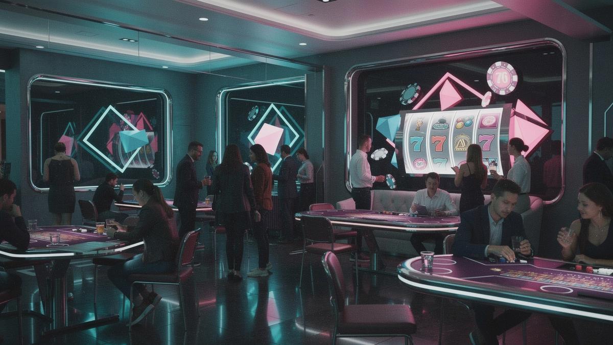 Neon social casino scene with abstract slot reels and chips in a futuristic lounge